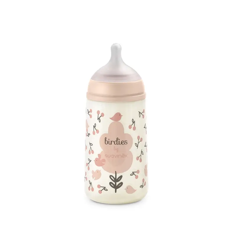 Suavinex Biberón Tetina Sx Pro Flujo Medio (M) +3 Meses Birdies Rosa, 270 ml