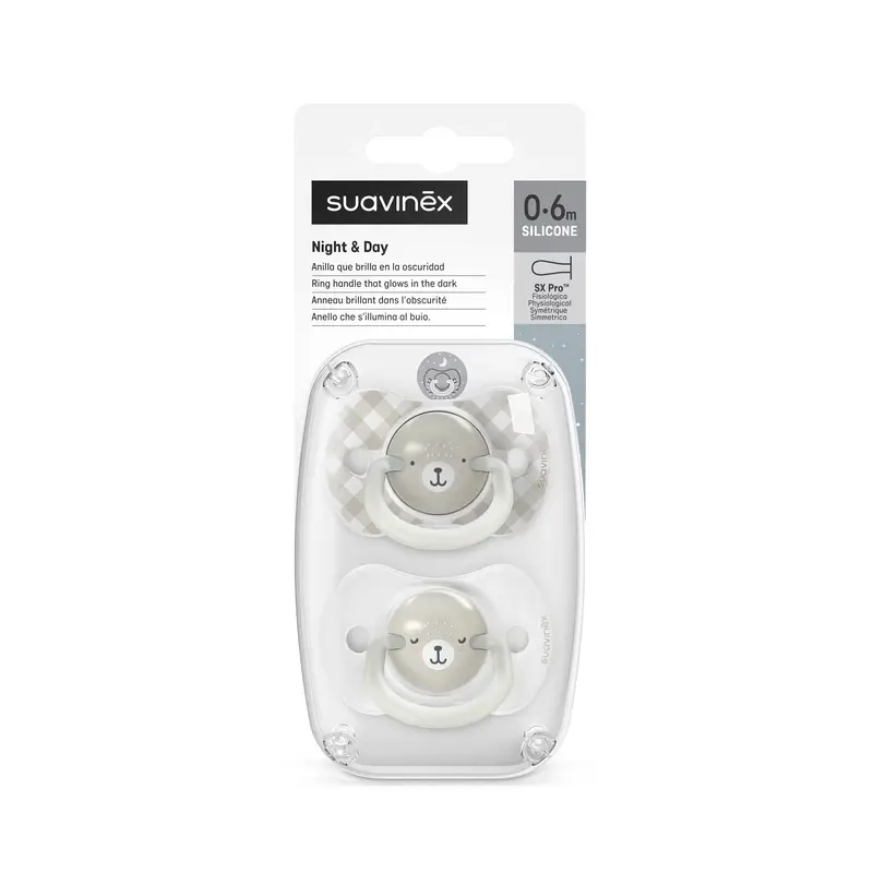 Suavinex Chupetes Nocturnos Night & Day Tetina Sx Pro 0/6 Meses Gris, 2 unidades