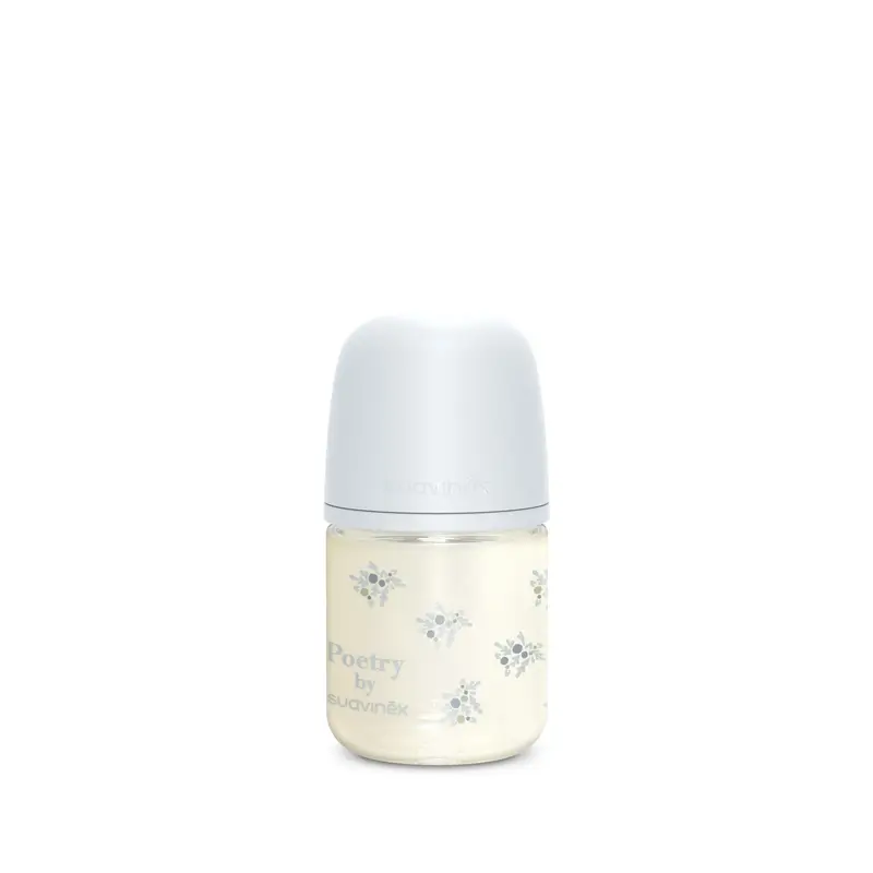Suavinex Biberón Vidrio 120 Ml, Flujo Lento (S), +0 Meses, Poetry Azul