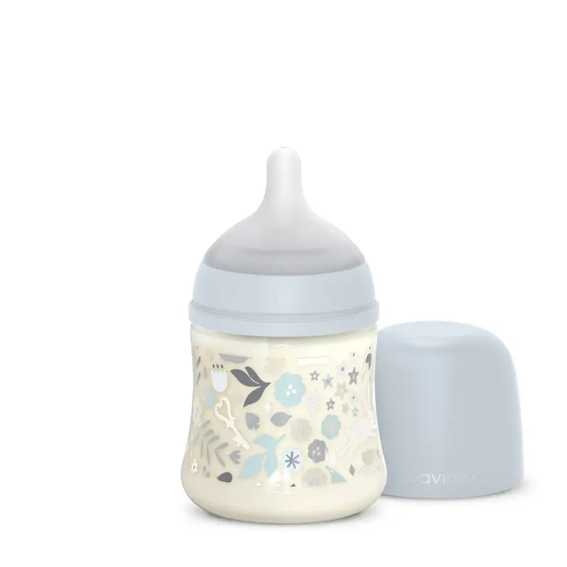 Suavinex Biberón 150 Ml, Flujo Lento (S), +0 Meses, Wonderland Flores Azul