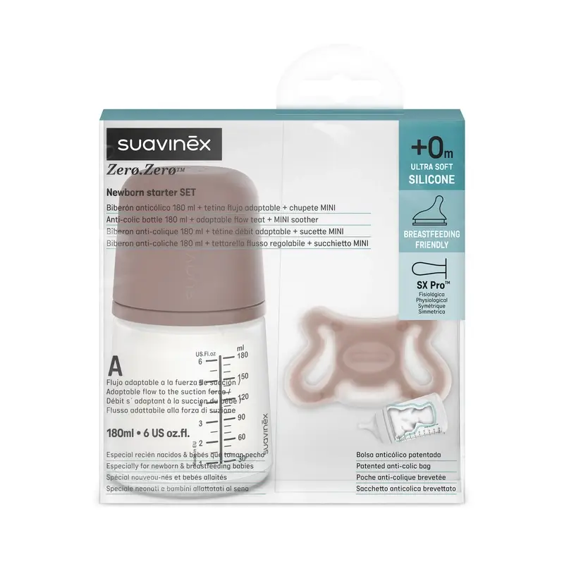 Suavinex Biberón Anticólico + Chupete Zero Zero. Deep